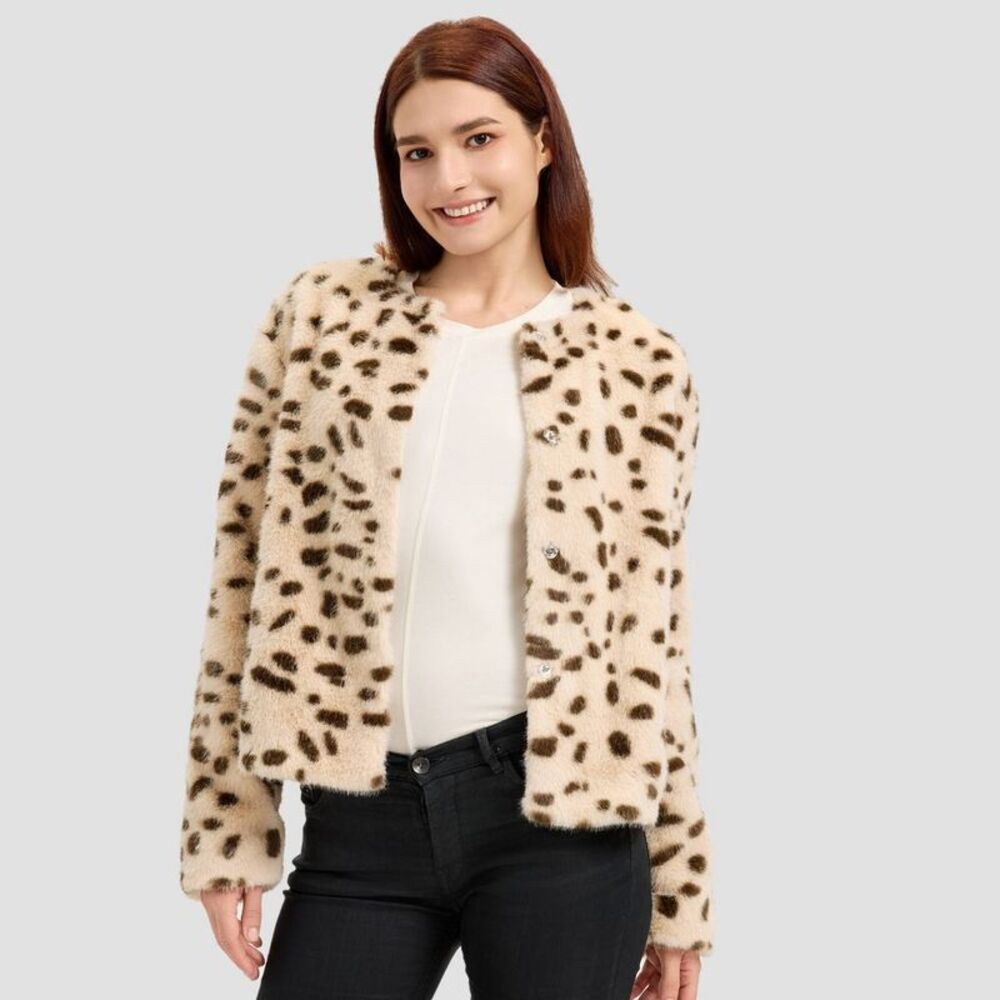 Women's Faux Fur Jacket - A New Day Snow White Leopard Spots M